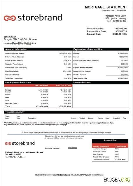Modèle Word et PDF de relevé hypothécaire de la Storebrand Bank de Norvège